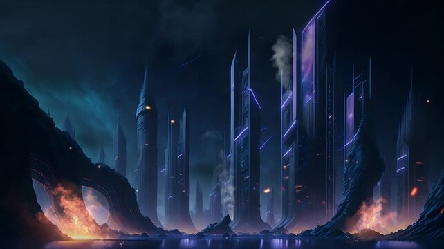 The animated looping background of a modern city destroyed after an interplanetary war. Futuristic city ruins background. 4K science fiction video
