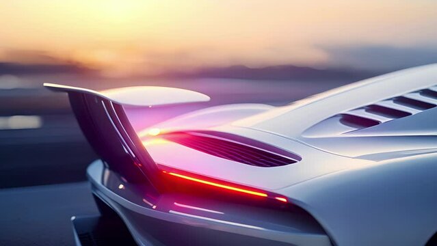 A tight shot of the rear spoiler of a silver sports car with small vortex generators along the edge to disrupt and smooth out airflow for maximum downforce.