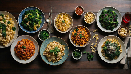An overhead shot of a wooden table adorned with an array of colorful plates, each filled with a different variety of homemade pasta from tagliatelle