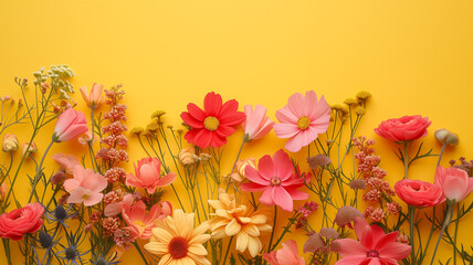 Obraz premium pink, white, blue and clear yellow flowers on a yellow background