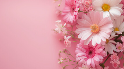 Fototapeta na wymiar pink, white, blue and clear yellow flowers on a pink background