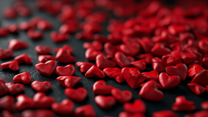 red hearts all around on surface with black background