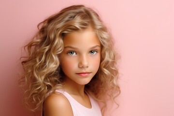 Portrait of a beautiful little girl with blond curly hair on a pink background.