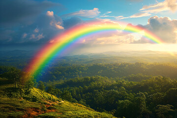 Obraz premium Mountain with colorful rainbow in cloudy sky over field. Nature landscape after storm. Spring morning. St Patrick Day holiday symbol. Background for design card, invitation, banner, poster