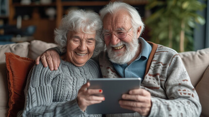 Two seniors smile and look at the same tablet in their home building. Retired Caucasian man and woman using technology