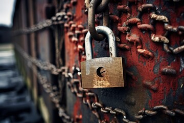 Close-up shot of a sturdy padlock securing an industrial gate, highlighting the intricate details and weathered texture - obrazy, fototapety, plakaty