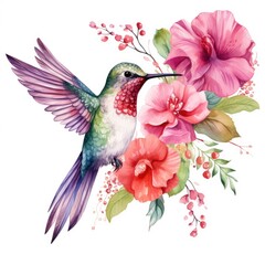 Obraz premium Beautiful hummingbird near lush red flowers on a white background.