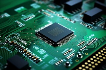 Close-up of an Integrated Circuit (IC) Socket on a Green Printed Circuit Board (PCB), Surrounded by Capacitors, Resistors, and Traces