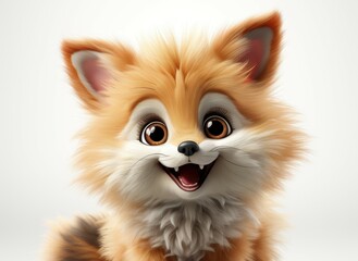 Fluffy beautiful cute fox on a white background.