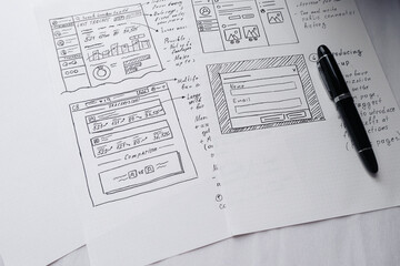 Design wireframes layout . Hand drawn plan concept. Brainstorming. Complex project, education