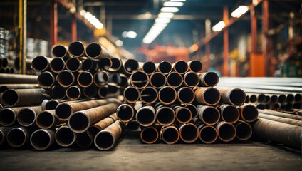 A stack of steel pipes in a warehouse - obrazy, fototapety, plakaty