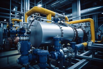 A Detailed View of a Furnace Heat Exchanger in an Industrial Setting, Surrounded by Pipes, Gauges, and Other Mechanical Components