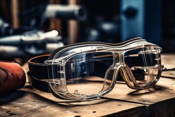Close-up shot of safety goggles resting on a worn-out wooden table, surrounded by various industrial tools in a rustic workshop setting - obrazy, fototapety, plakaty