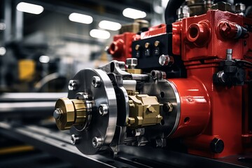 Fototapeta premium Close-up view of a hydraulic valve in an industrial setting, surrounded by intricate piping systems and machinery, showcasing the complexity of modern engineering