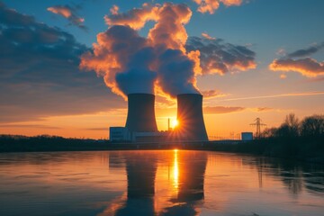 Nuclear power plant photo at sunset