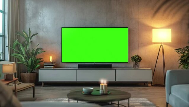 Zoom out and in of television with green screen close up. Chroma key on tv set in modern living room looping video style