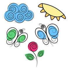 Spiral cloud, sun, butterflies and blossom rose in marker colors. Ser of 5 stylized design elements