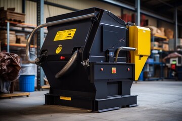 A Detailed View of a Bin Activator in an Industrial Setting, Highlighting its Robust Construction and the Intricate Machinery in the Background