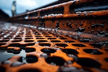Selbstklebende Fototapeten A close-up view of a rusted industrial grate with a blurred background of an abandoned factory under the cloudy sky © aicandy