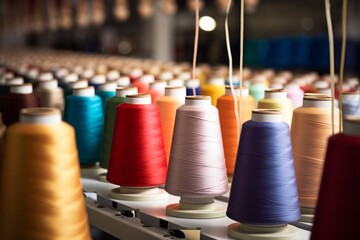 An intricate close-up of a vibrant spool of thread, set against the backdrop of a bustling industrial textile factory with workers diligently operating machinery