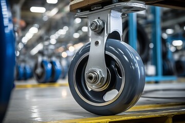 A close-up view of a heavy-duty industrial caster wheel, set against the backdrop of a bustling factory floor filled with machinery and workers
