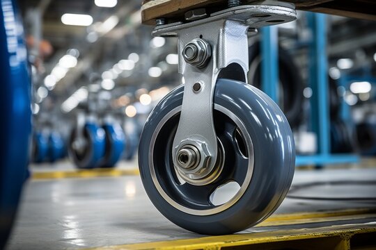 A close-up view of a heavy-duty industrial caster wheel, set against the backdrop of a bustling factory floor filled with machinery and workers