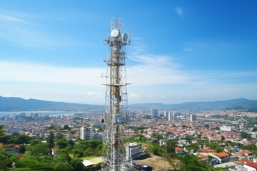 Fototapeta premium A towering industrial antenna standing tall against a backdrop of a clear blue sky, surrounded by lush greenery and distant cityscape