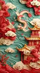 Obraz premium Chinese Lunar Asian New Year Dragon Paper Cut Phone Wallpaper Background Illustration