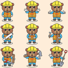 Cute Bear Construction Contractor Illustration. Vector illustration of a cute building foreman Bear. Cute Bear construction worker cartoon. Flat Cartoon Style.