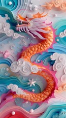 Chinese Lunar Asian New Year Dragon Paper Cut Phone Wallpaper Background Illustration
