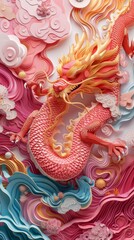 Obraz premium Chinese Lunar Asian New Year Dragon Paper Cut Phone Wallpaper Background Illustration