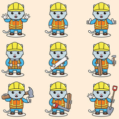 Cute Cat Construction Contractor Illustration. Vector illustration of a cute building foreman Cat . Cute Cat construction worker cartoon. Flat Cartoon Style.