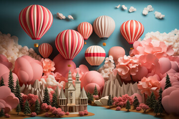 Fototapeta na wymiar Spring Themed Paper Models of Pink Hot Air Balloons and Flowers