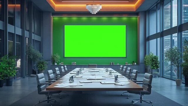 Modern Meeting Room with Conference Table with Various Documents on the Wall Big chroma key green screen TV mockup in office animation looping video backround