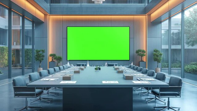 Meeting Room with Wall Big chroma key green screen TV mockup in office animation looping video background