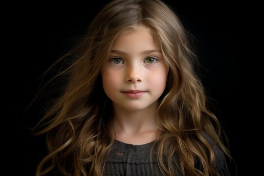 Portrait of a beautiful little girl with long hair on a black background.
