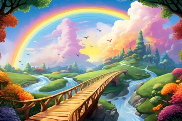 Schilderijen op glas An illustration that has a long bridge going over a river to a grassland with a colorful rainbow and clouds in the distance  © Justin