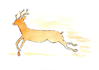 Reindeer in motion, animal portrait. Watercolor illustration on a winter theme, congratulations.