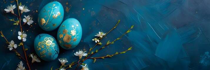 Wide banner with a blue textured background and golden decorations on blue Easter eggs - Generative ai - obrazy, fototapety, plakaty