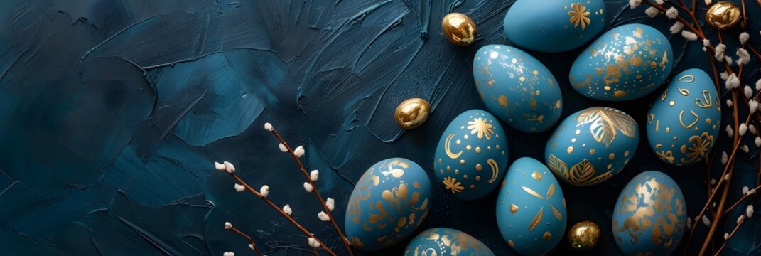 Wide banner with a blue textured background and golden decorations on blue Easter eggs - Generative ai