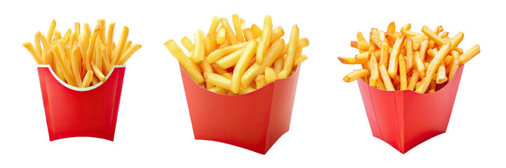 Collection of PNG. French fries in box isolated on a transparent background.