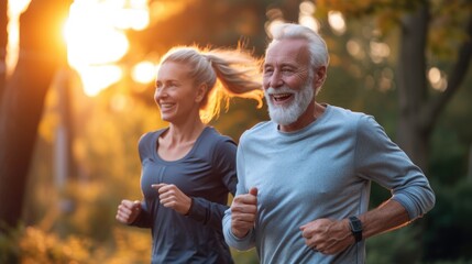 sweet and happy senior couple jogging for exercise together.  - obrazy, fototapety, plakaty