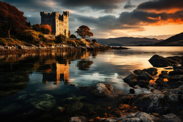 Irish Castle by a lake during a sunset with clouds - obrazy, fototapety, plakaty
