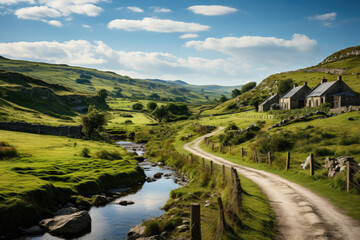 Irish Valley with a small creek and a farm house in the spring - obrazy, fototapety, plakaty