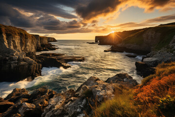 sunset over an Irish Cove by the sea