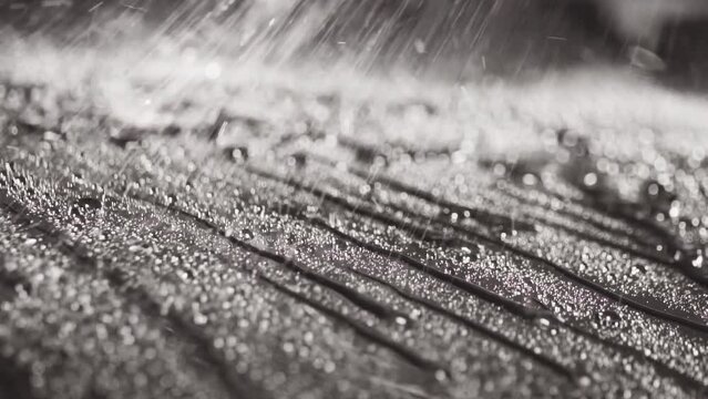 Close-Up of Water Sprayed and Rolling Drops on a Sleek Black Surface in slow motion