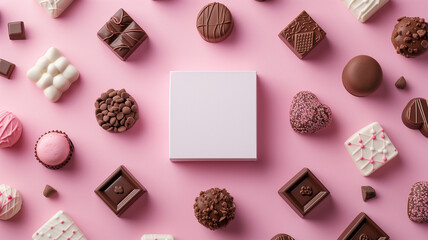 Fototapeta na wymiar white pink square in the middle surrounded by Valentine's Day Chocolate on ground