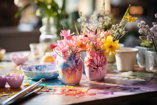 paint brushes and flowers on a table