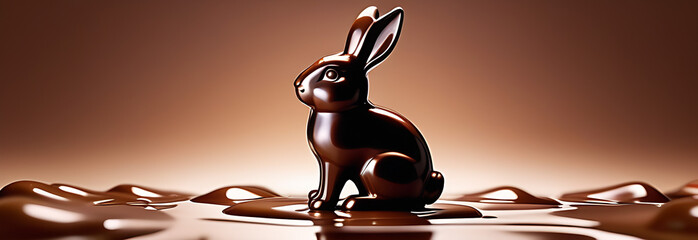 Easter chocolate bunny rabbit melting. with easter eggs. Creative Easter holiday concept background. Minimal style