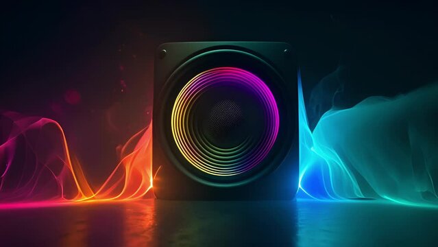 Footage of a speaker in a dark room its surface visibly quivering as it produces an impressive display of glowing colors in response to a bheavy song.